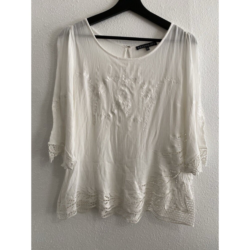 Briton Ivy Women’s Boho Crochet Hem White Crinkle Blouse Size L J14